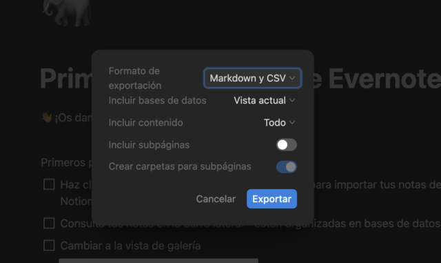 Exportación en Notion
