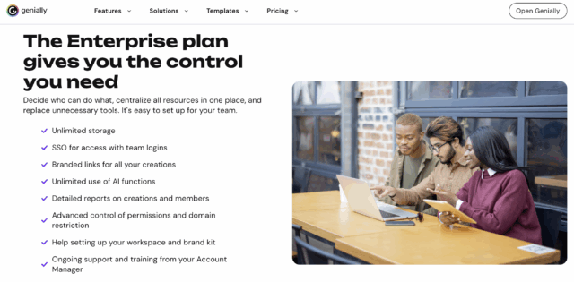 Genially no vende solo una herramienta de diseño interactivo; vende control, soporte y confianza. Su plan Enterprise incluye desde SSO, reportes y permisos avanzados hasta onboarding asistido y formación personalizada. Esto es un Whole Product en acción: empaquetar funcionalidades, servicios y confianza para que el cliente obtenga valor real desde el primer día.