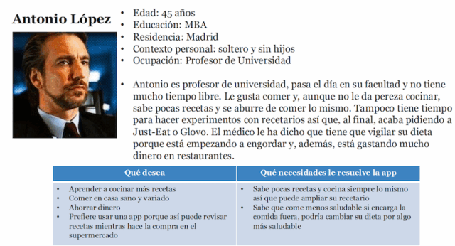 Ejemplo de buyer persona para una app de recetas saludables: Antonio, profesor universitario con poco tiempo, busca comer de forma más sana y variada sin complicarse. La app responde a sus necesidades funcionales (nuevas recetas), emocionales (bienestar personal) y racionales (ahorro de dinero), alineándose con su “job to be done”.