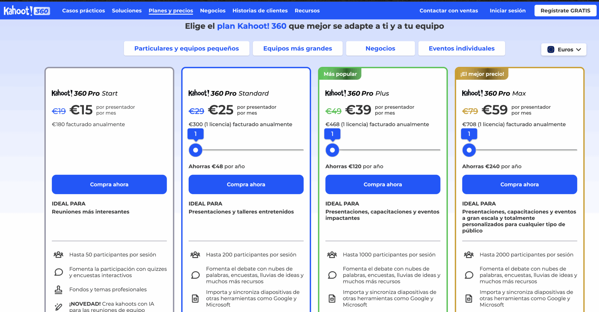 Ejemplo de choice overload en acción: la página de precios de Kahoot! combina cuatro planes de pago y cuatro pestañas adicionales según el tipo de uso, generando una matriz de configuraciones que puede confundir al usuario antes de decidir. Un buen recordatorio de que, en pricing, más no siempre significa mejor, una buena forma de ilustrar la paradoja de la elección.