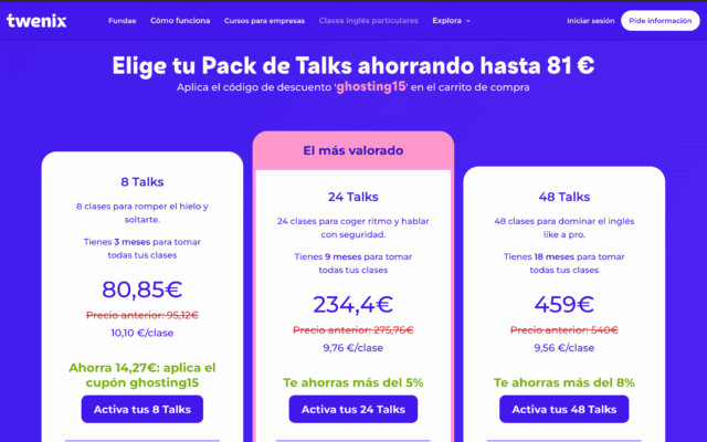 Ejemplo de pricing claro y bien anclado: Twenix ofrece solo tres opciones con progresión lógica de valor, destaca el plan más popular y comunica el ahorro de forma visible. Un diseño sencillo que reduce fricción y facilita la decisión de compra.