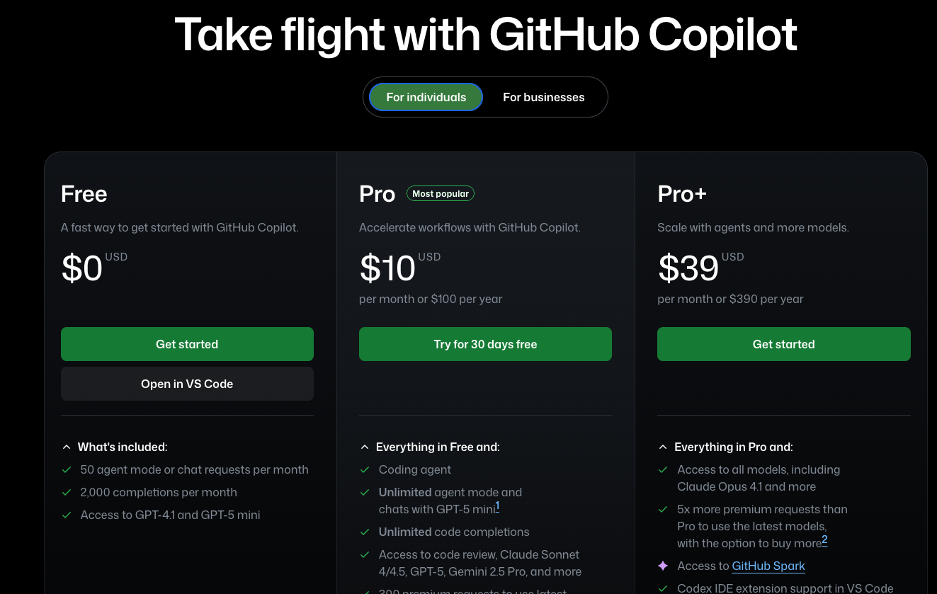 Tabla de precios de GitHub Copilot para usuarios individuales, con una estrategia escalonada que combina acceso freemium, funcionalidades premium y segmentación por nivel de uso e impacto. Un ejemplo claro de value-based pricing en productos impulsados por IA.
