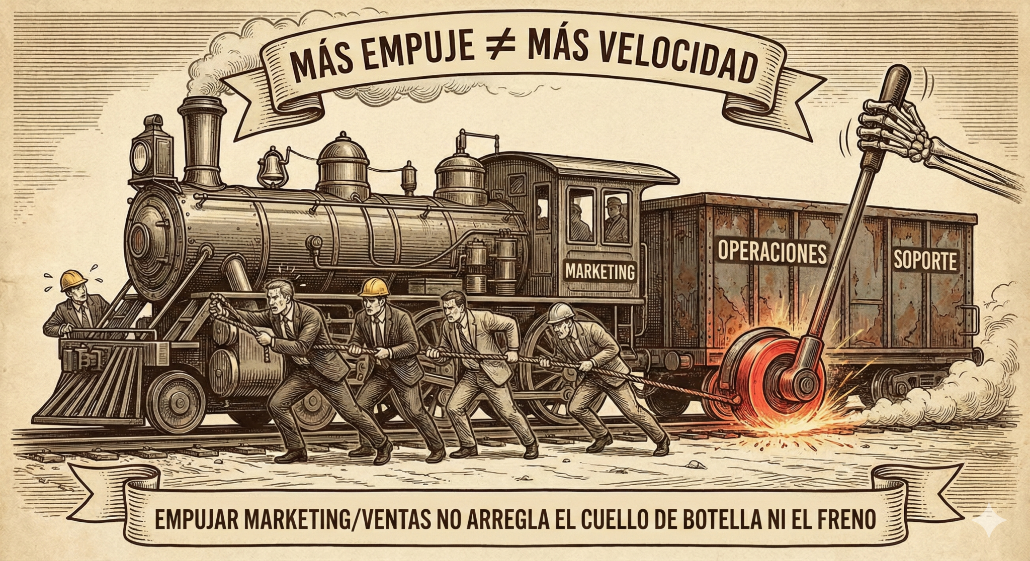 Más empuje ≠ más velocidad: puedes tirar más fuerte de marketing y ventas, pero si el freno está en operaciones o soporte, el tren no acelera. Primero se quita el cuello de botella; luego se escala.