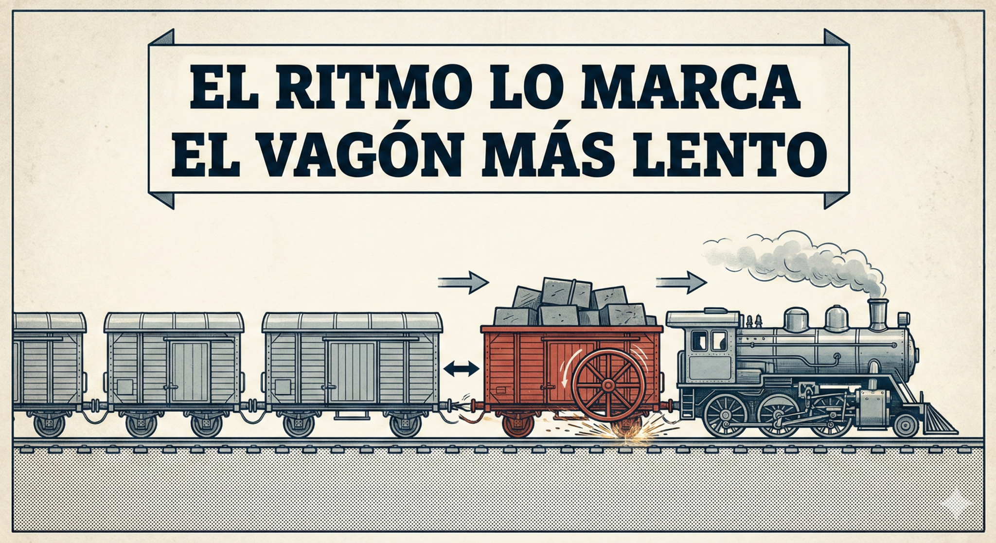 El ritmo lo marca el vagón más lento: en fase de crecimiento, no aceleras empujando la locomotora, aceleras identificando el cuello de botella que frena al sistema y reduciendo su fricción para que todo el tren avance - cuello de botella